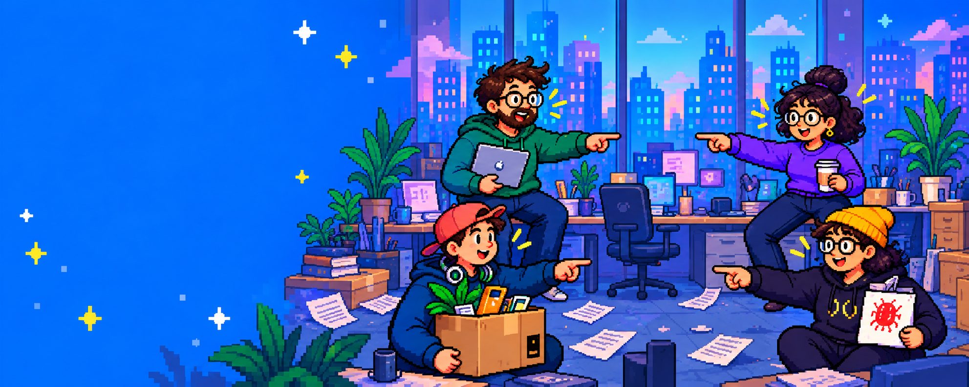 Four former tech workers point playfully at one another in a blue pixel-art office