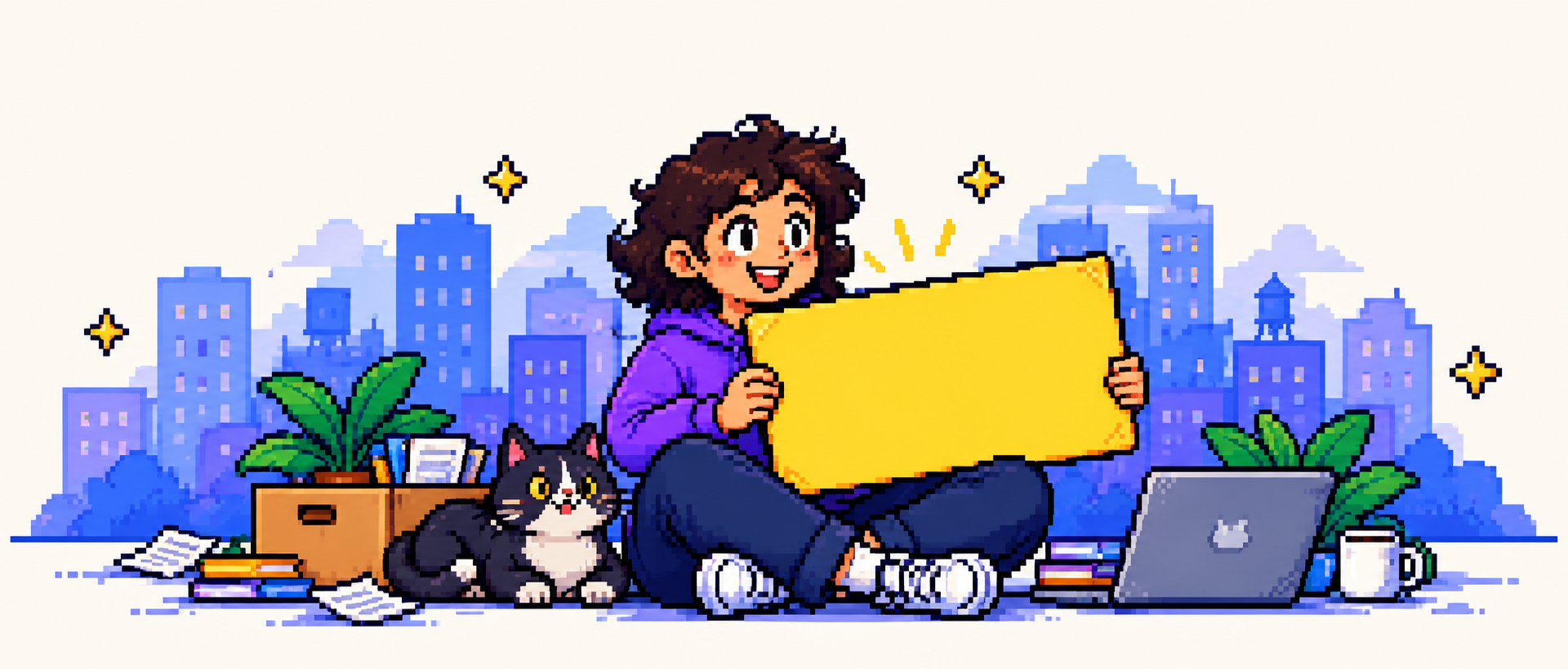 A person and a cat sit by a bright yellow sign in a pixel-art city